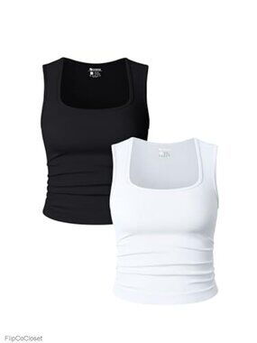 Women's 2 Piece Crop Top Set Sleeveless Square Neck Ruched Stretch Tanks